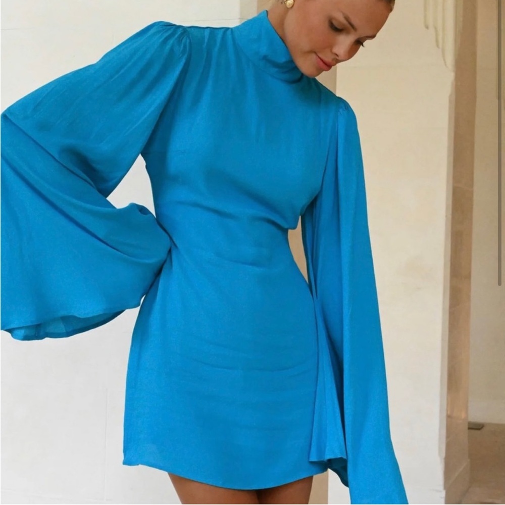 YLLW The Label Raya Exaggerated Bell Sleeve Open Back Teal Blue Mini Dress